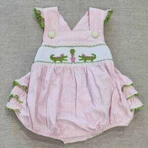 Shrimp & Grits Kids Pink Alligator Ruffle Bubble Romper 24m